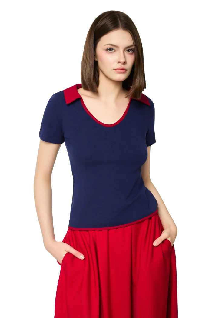 ÁO ÔM LÁ CỔ TIM XANH PHỐI ĐỎ